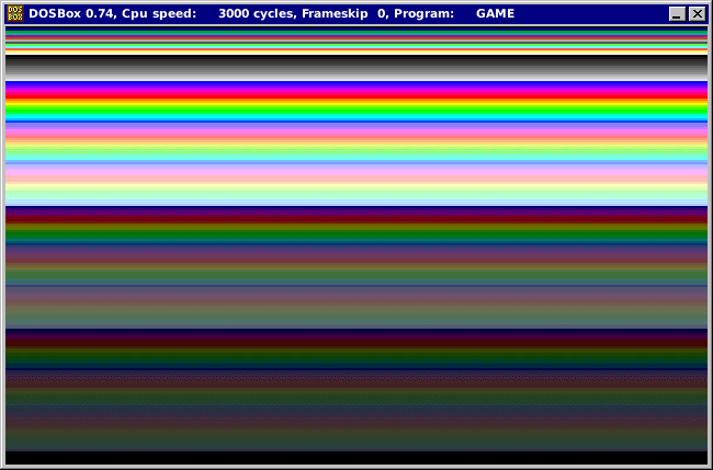 A screenshot of the compiled test program successfully running in DOSBox, with rows of VGA colours on screen.