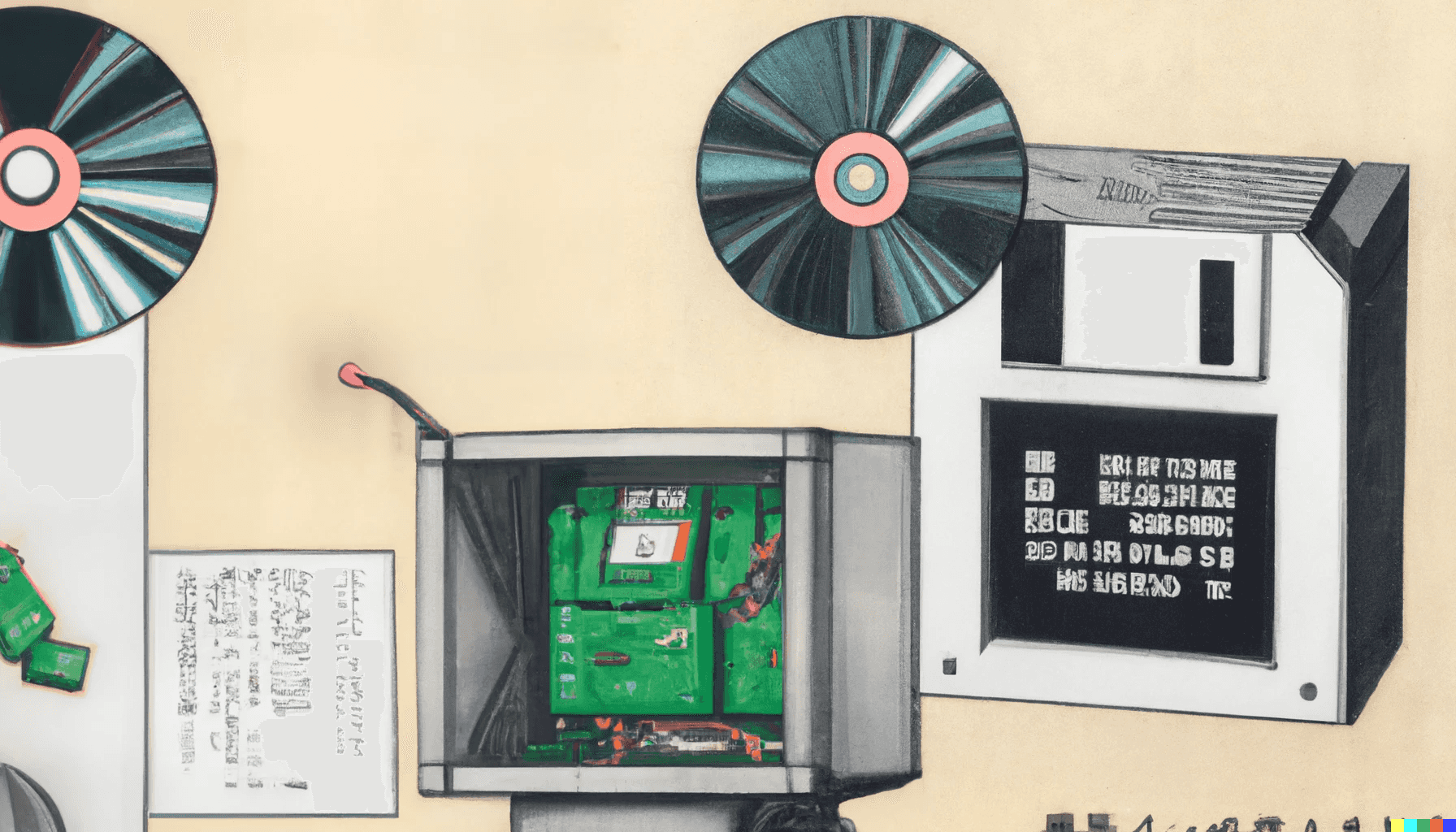 Painting of floppy disks, compact discs, and an old computer monitor with its circuitry exposed, generated by DALLE-2
